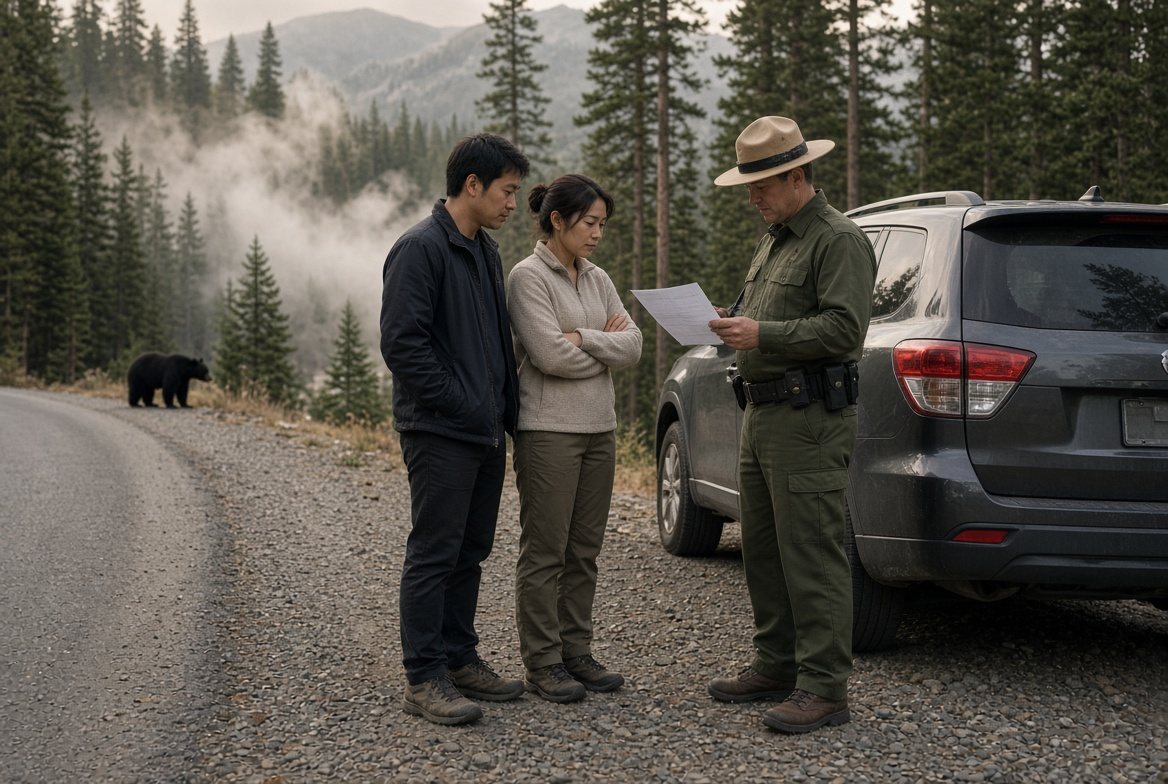 A ranger handing a couple a violation notice beside their car