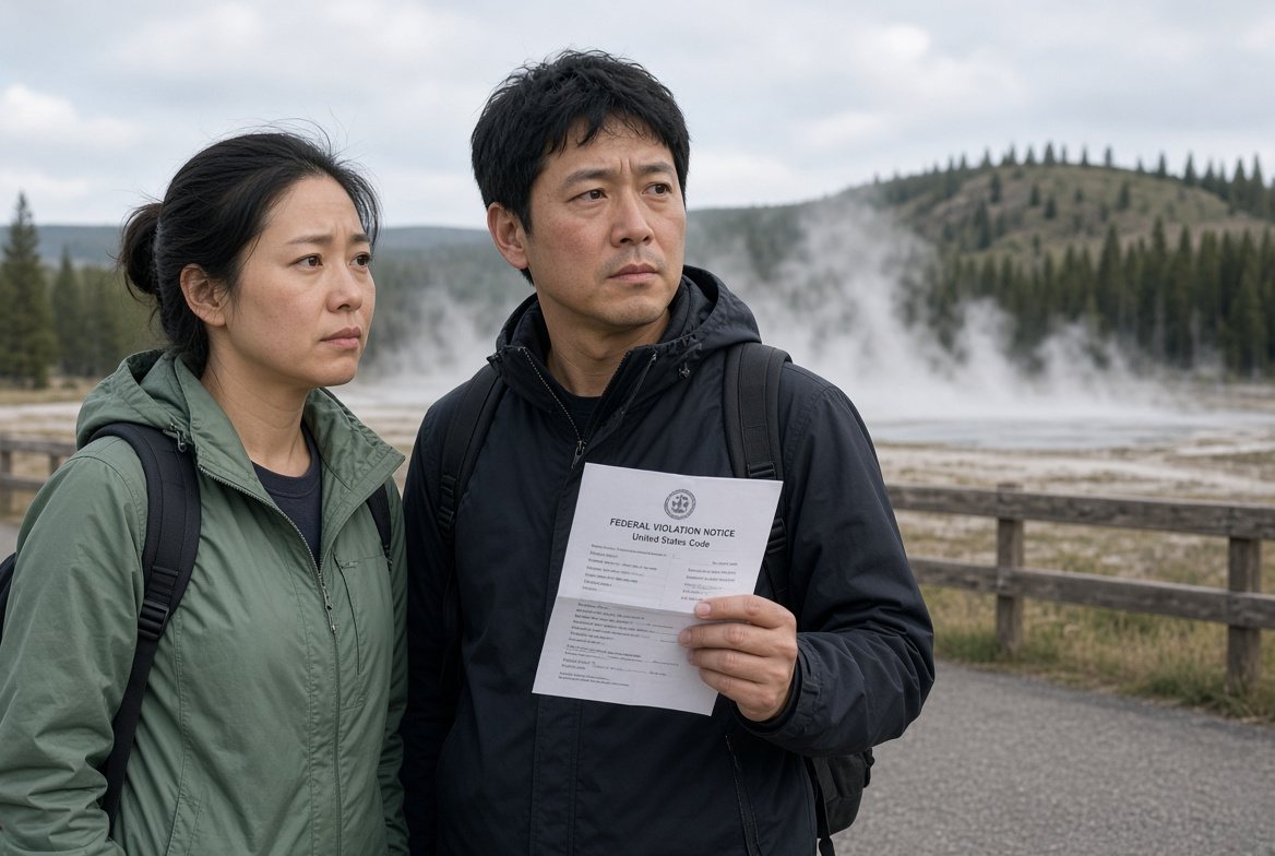 Visitors reading a violation notice at a geyser basin