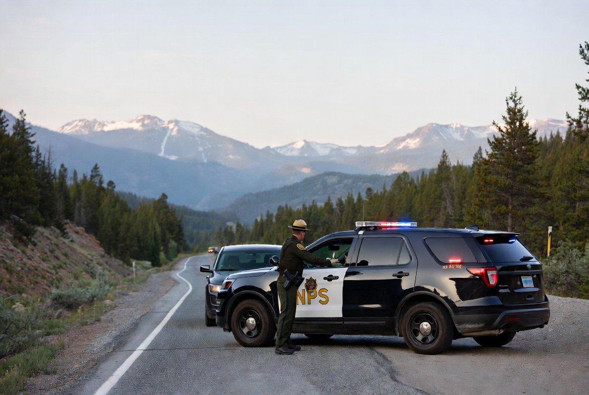 Ein Ranger des National Park Service am Fahrerfenster eines angehaltenen Autos auf einer Bergstraße in der Abenddämmerung