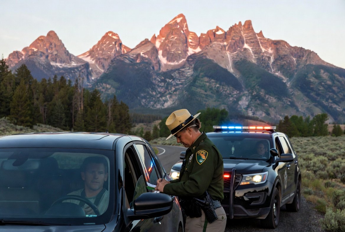 Un ranger du Service des parcs nationaux à la vitre d'une voiture arrêtée sur une route du parc, sous la chaîne des Tetons