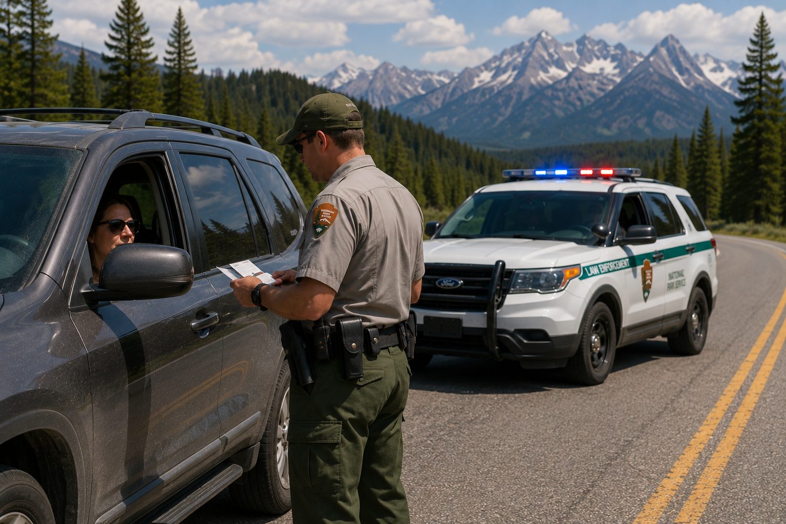 Ein Park-Ranger bei einer Verkehrskontrolle auf einer Parkstraße unterhalb der Teton Range