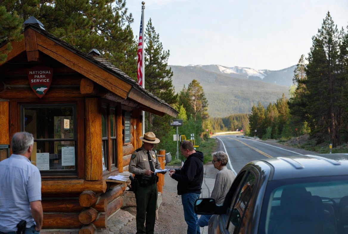 Eine Ranger-Station aus Holzstämmen an einer Parkstraße, mit Besuchern am Fenster