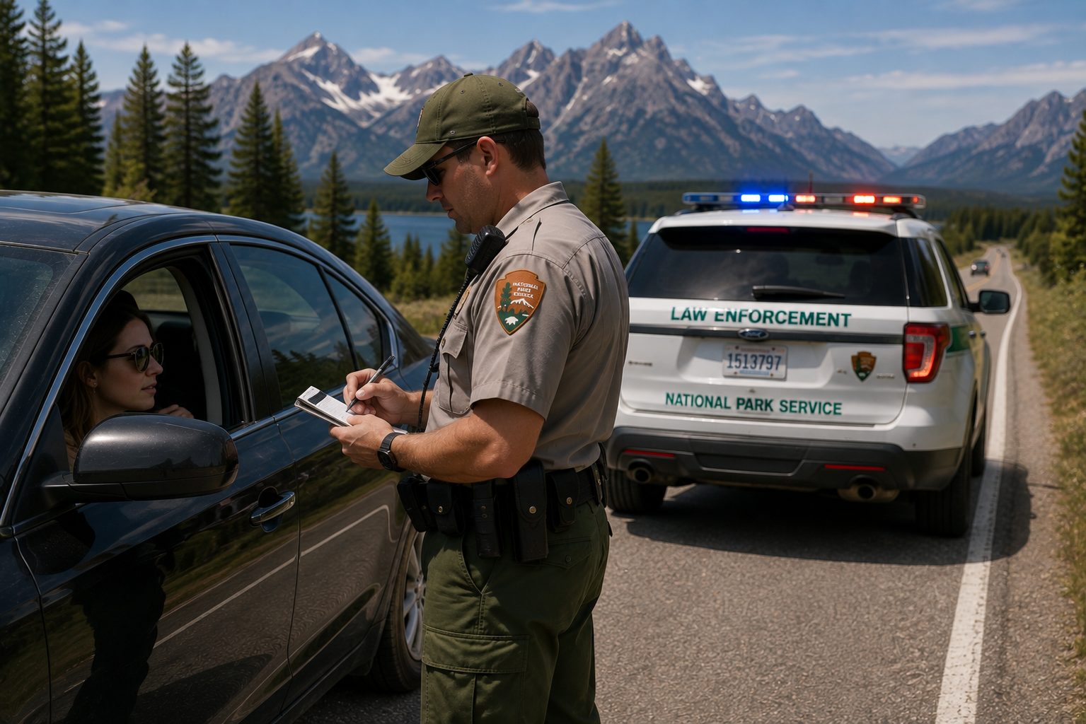 Un guardaparques escribiendo un aviso de infracción en la ventanilla de un auto detenido, con la cordillera Teton al fondo