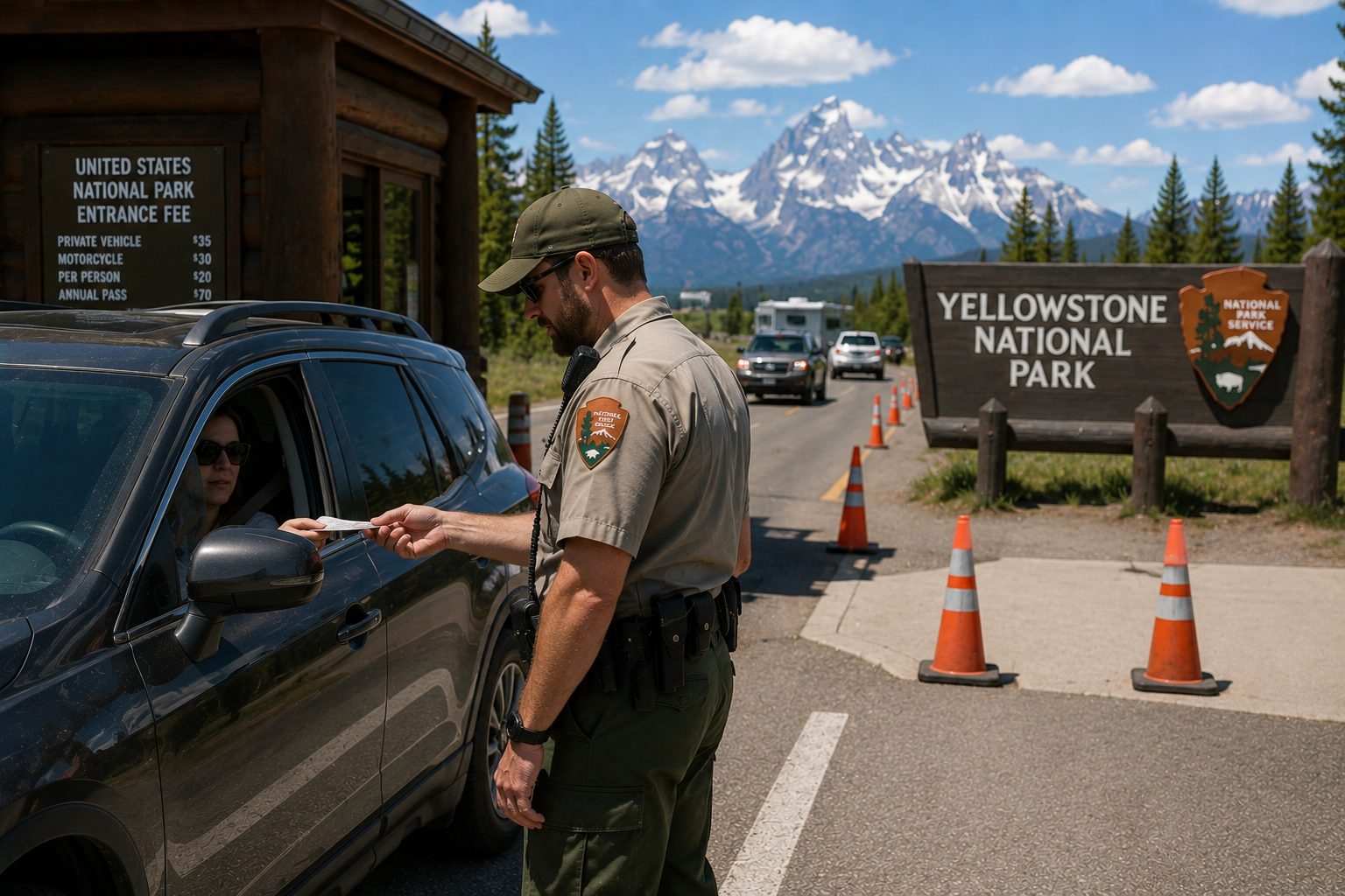 Ein Ranger an einer Eingangsstation unter dem Schild des Yellowstone-Nationalparks