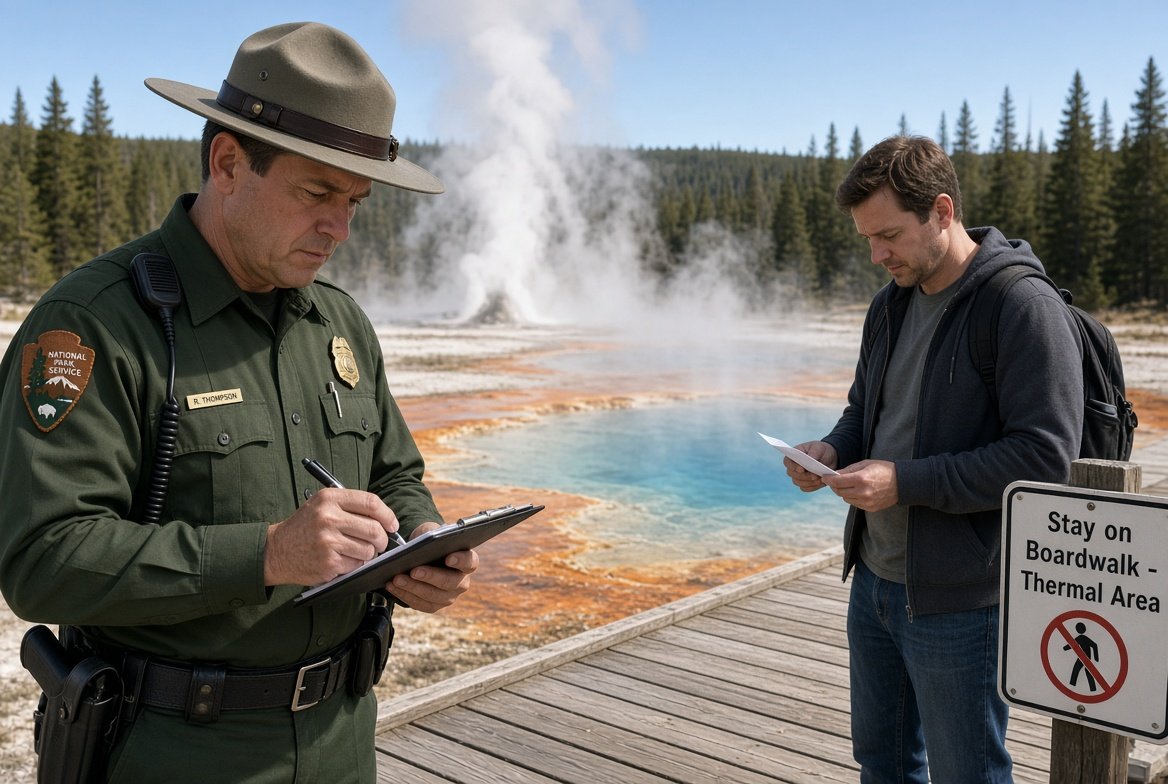 Ein Ranger des National Park Service schreibt auf einem Bohlenweg eine Verstoßmitteilung, während ein Besucher neben einem Schild „Stay on Boardwalk“ seine Ausfertigung liest